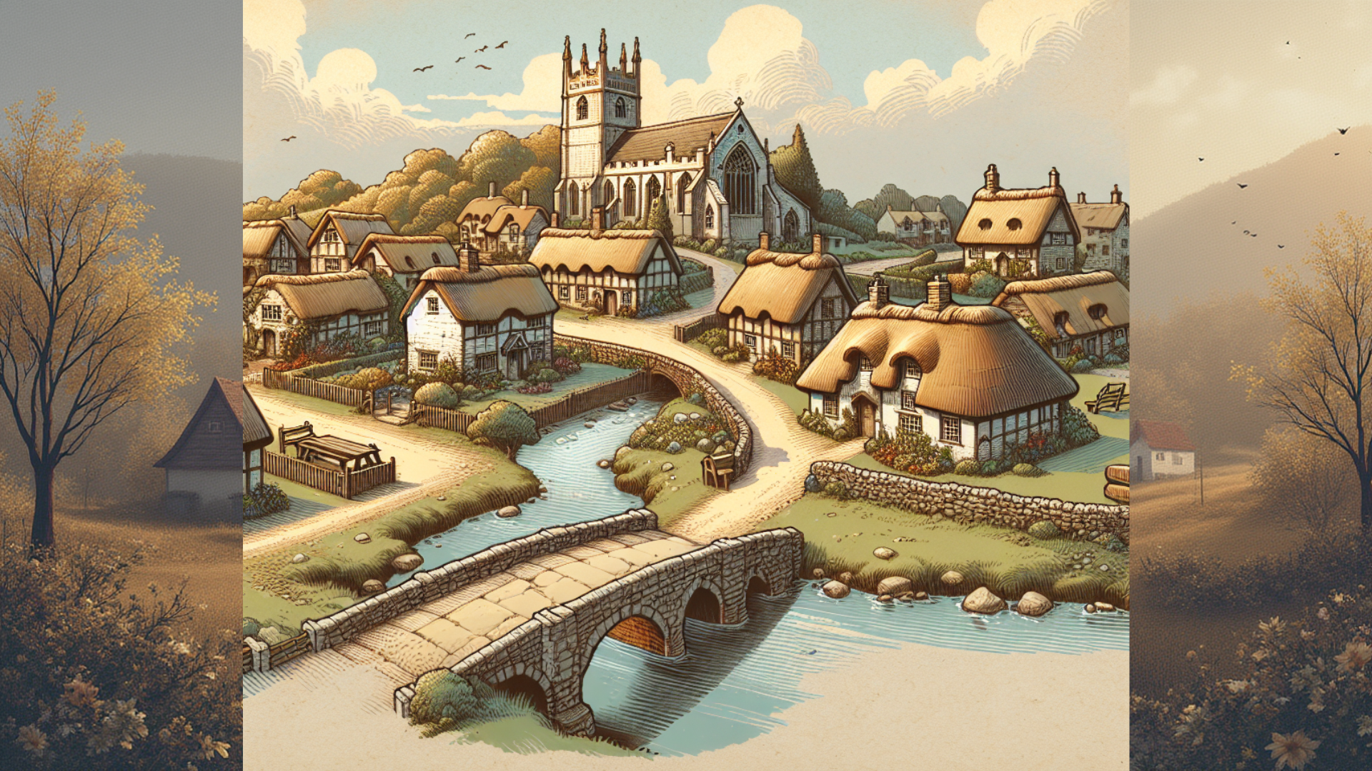 Full page village scene with clickable locations which lead to different content collections, site information or storybuilding elements.The map also contains easter eggs and a hidden location.